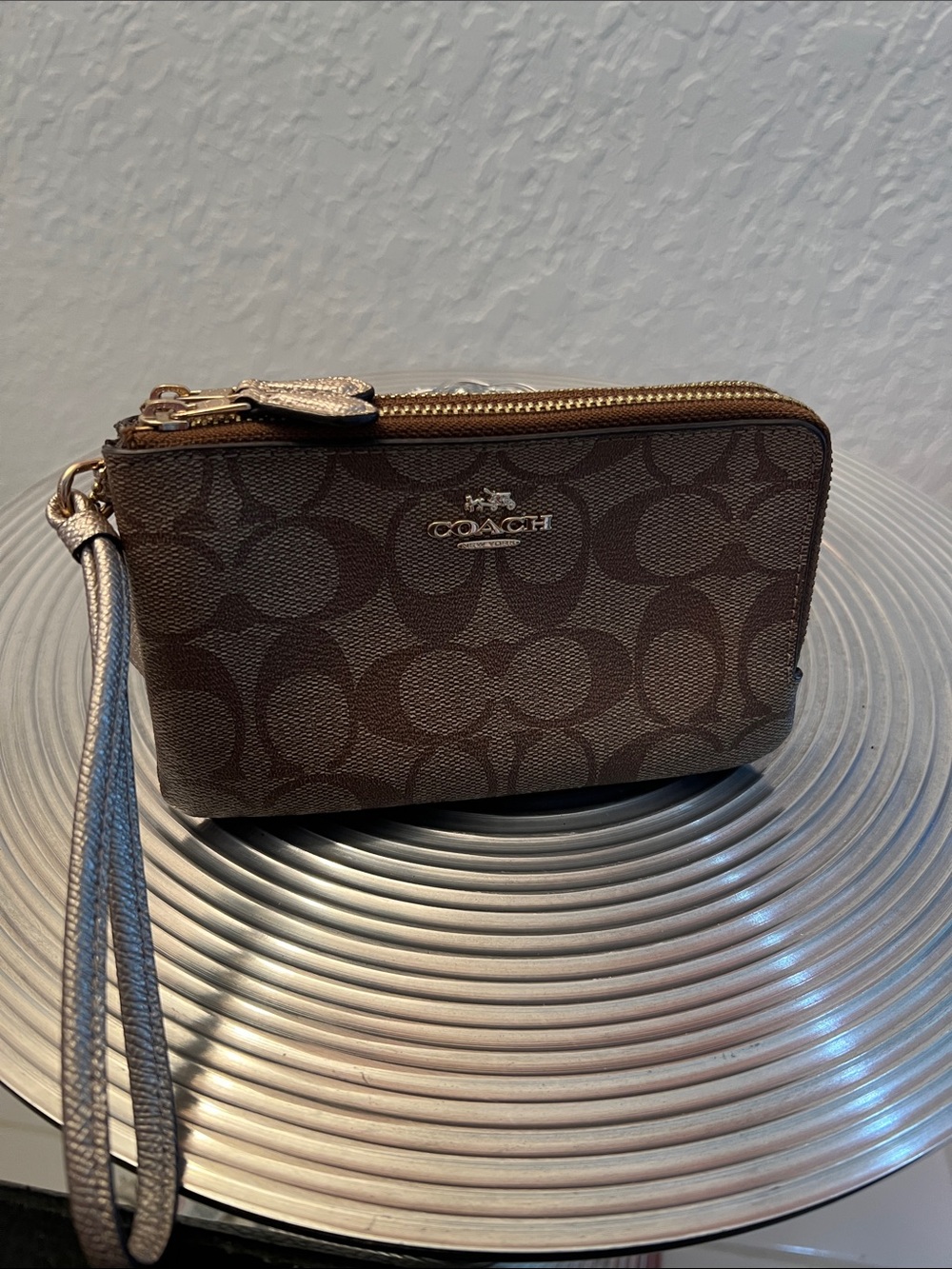 Coach NWOT Brown Signature Canvas Double Zipper  Wristlet